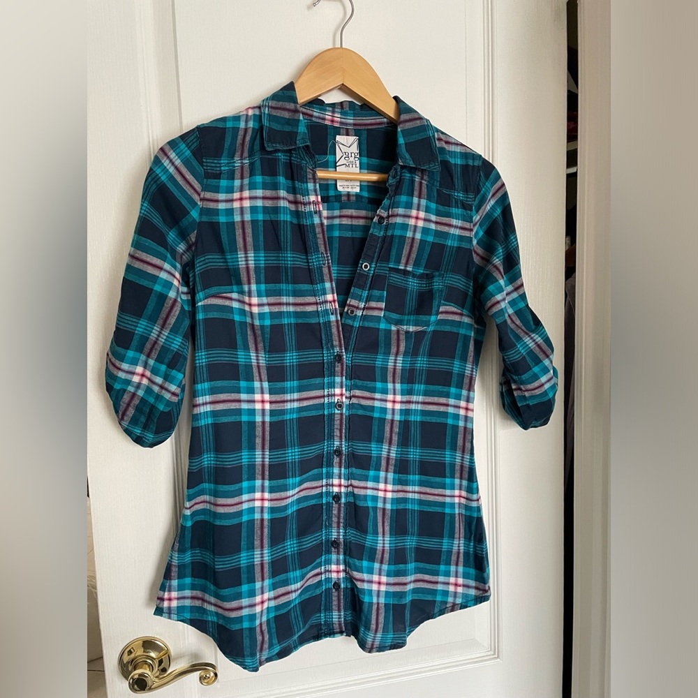 Garage Teal and Pink Plaid Button Down Shirt